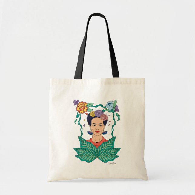 Tote Bag Frida Kahlo Graphisme du cadre floral (Devant)