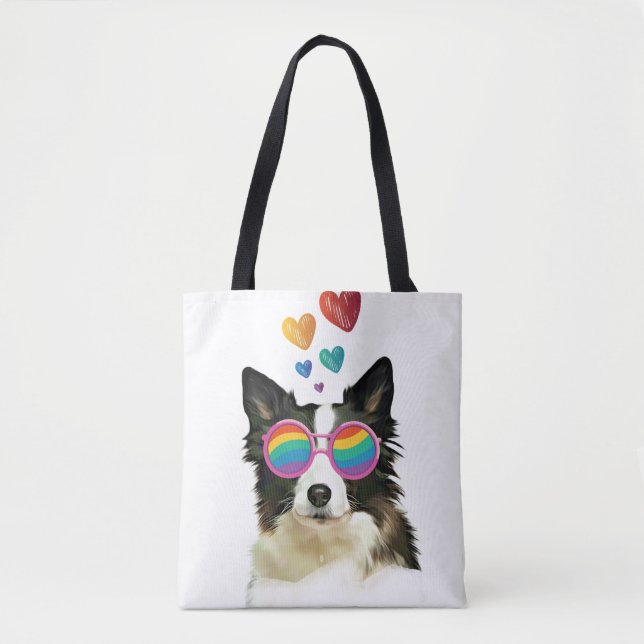 Tote Bag Frontière Collie Chien avec Coeurs Saint-Valentin (Devant)