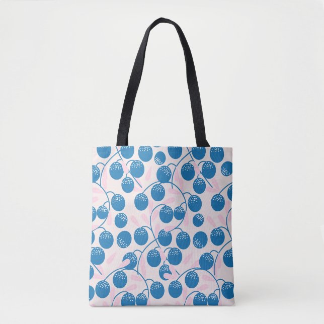 Tote Bag Fruits bleus, feuilles roses, design sans soudure. (Devant)