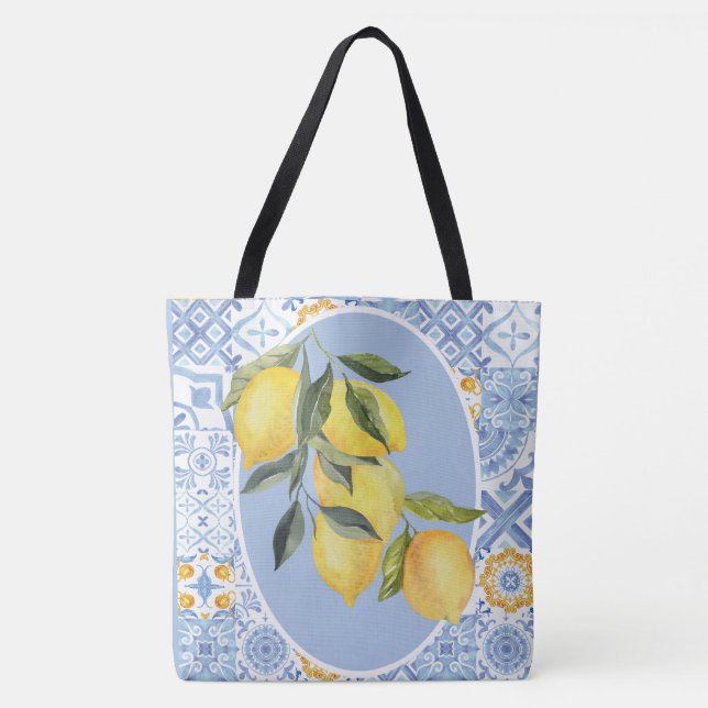 Tote Bag Fruits de citron, carreaux bleus d'inspiration eur (Devant)