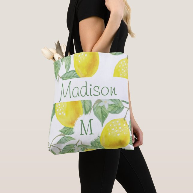 Tote Bag Fruits de citron jaune Été Amusants Monogramme ini (De près)
