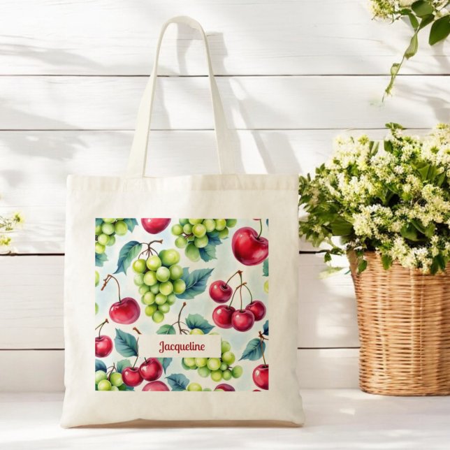 Tote Bag Fruits rouges verts Raisins Cerisier Motif (Créateur téléchargé)