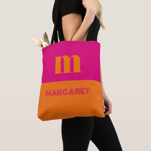 Tote Bag Fuchsia & orange custom initial name modern (De près)