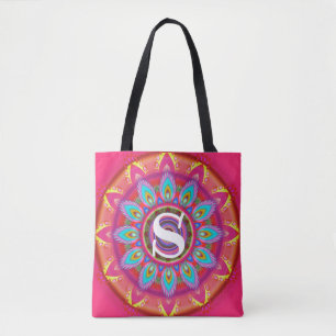 Tote Bag Fuchsia psychédélique initial fait sur commande de
