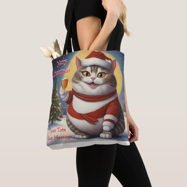 Tote Bag Funny Festif chat de Noël avec verre de bière (De près)