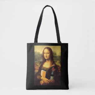 Tote Bag Funny Mona Lisa avec livre et vin