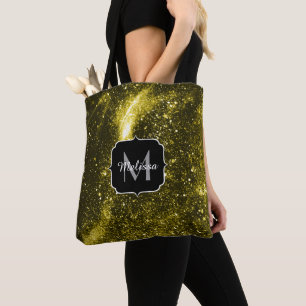 Tote Bag Galaxie abstraite noire jaune foncé Monogramme