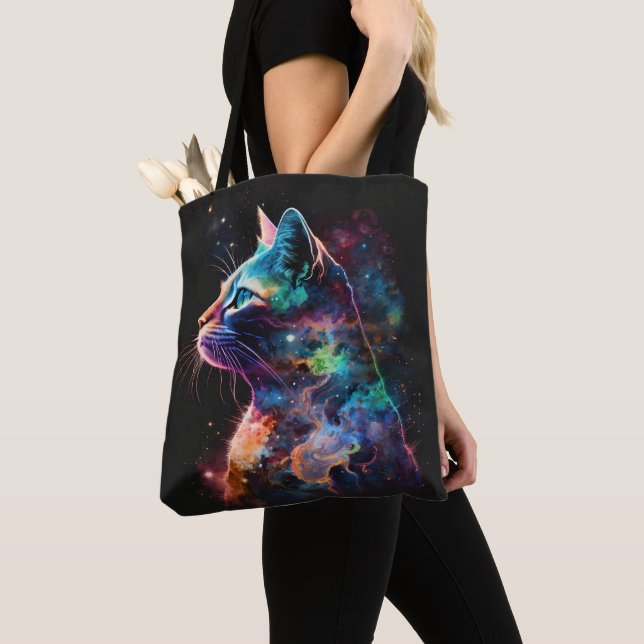 TOTE BAG GALAXIE NOIRE IMPRESSIONNISTE CHAT AVEC ÉTOILES (De près)