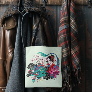 Tote Bag Geisha asiatique Dragon Fleurs de cerisier Bleu