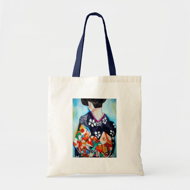 Tote Bag Geisha japonais avec kimono bleu art original (Devant)