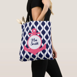 Tote Bag Géométrique rose, bleu marine Ancre nautique ensei