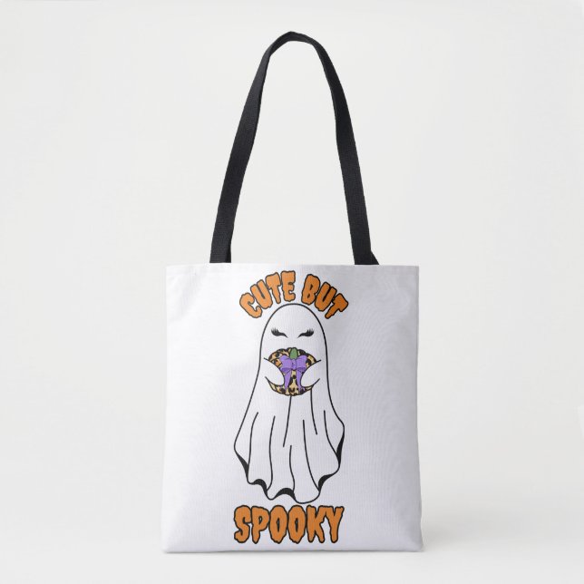 Tote Bag Ghost d'Halloween mignon mais Éffrayant tenant un  (Devant)