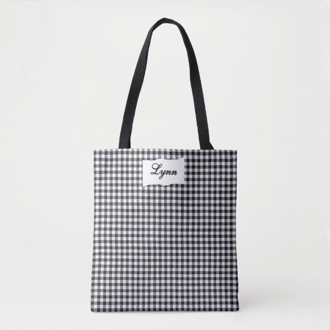 Tote Bag Gingham Noir & Blanc Classique | Nom Personnalisé (Devant)