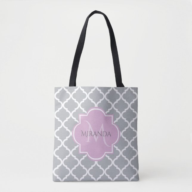Tote Bag Girl Grey Quatrefoil Lavender Monogramme et nom (Devant)