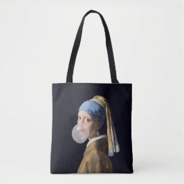 Tote Bag Girl with pearl earring blowing a bubble gum