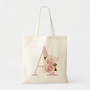 Tote Bag Girly Rose Pâle Or Pailleté Floral Monogramme A