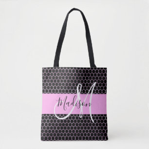 Tote Bag Glam Black Metallic Rose Honeycomb Nom du monogram