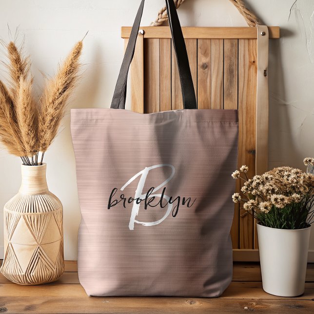 Tote Bag Glam Rose Or Métal brossé Noir Blanc Monogramme (Créateur téléchargé)