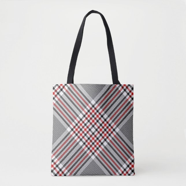 Tote Bag Glen plaid motif. Noir, rouge, blanc goudron trans (Devant)