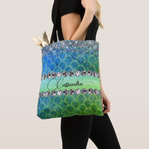 Tote Bag Glitter Blue Green Mermaid Diamant Bling