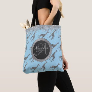 Tote Bag Glitterie Girafe en argent sur bleu Personnalisé