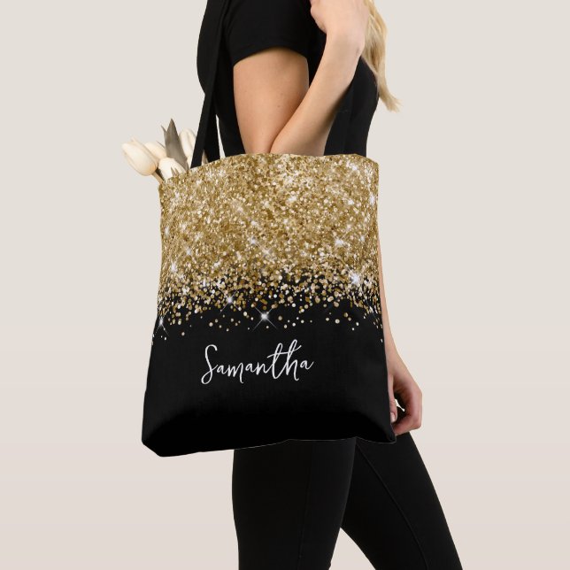 Tote Bag Glitterie Gold et Black Glam Nom (De près)