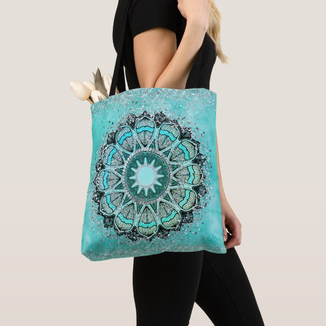 Tote Bag Glitterie lunaire Lotus Mandala sur Turquoise (De près)