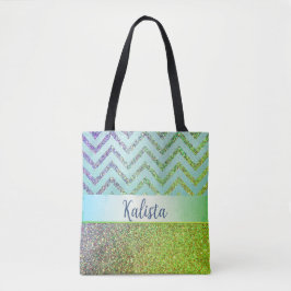 Tote Bag Glittery Green et Purple Chevron Personnalisé