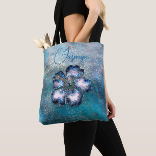 Tote Bag Glittery Magique Bleu Hibiscus Personnalisé