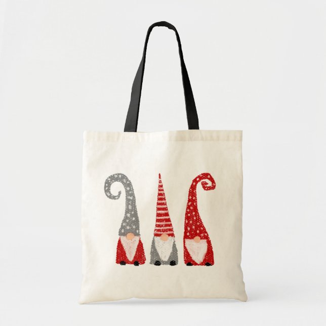 Tote Bag Gnomes de Noël main tiré rouge blanc gris (Devant)