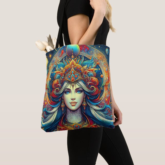 Tote Bag Goddess Head flow turquoise Cheveux Avril - (De près)