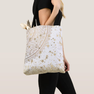 Tote Bag Gold Lotus Mandala avec Gold Stars sur Blanc