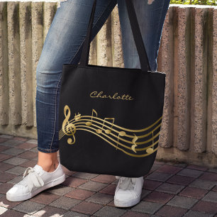 Tote Bag Gold Music Notes Custom Singer Modern Black
