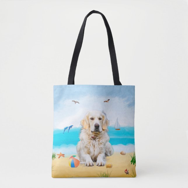 Tote Bag Golden Retriever Dog sur la plage (Devant)