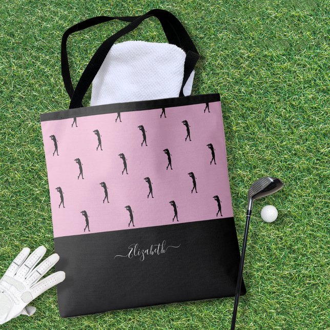 Tote Bag Golfeur personnalisé moderne Silhouette rose noir (Personalized Golfer Modern Silhouette Pink Black Tote Bag)