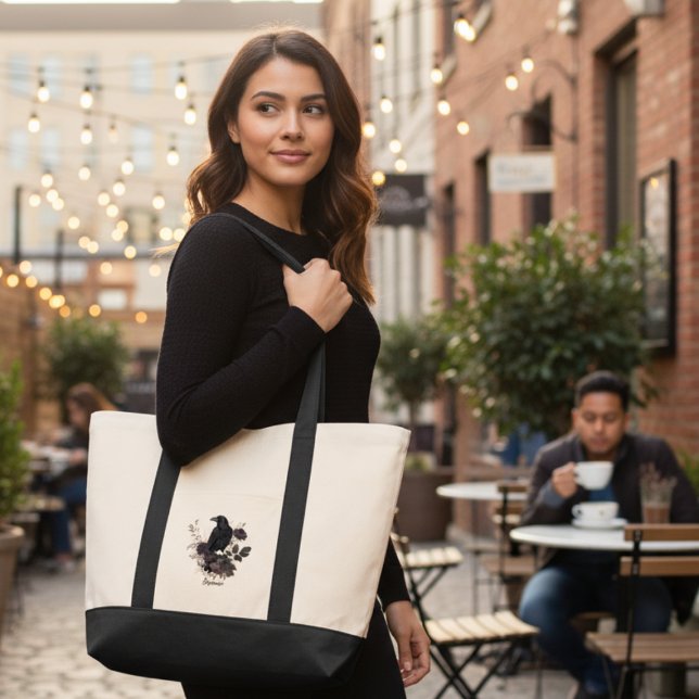 Tote Bag Gothic Raven Dark Academia Everyday Market (Personalized black raven floral tote bag)