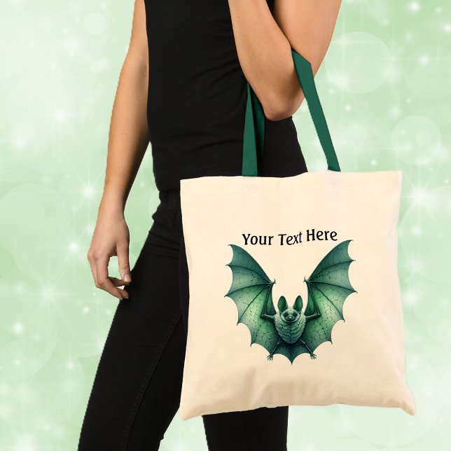 Tote Bag Gothique Éffrayant de chauve-souris verte ailée (Spooky Gothic look green furry bat with spread wings on white tote bag with green handles.)