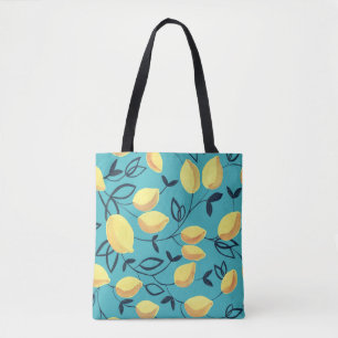 Tote Bag Gouache de citron jaune motif sur turquoise.