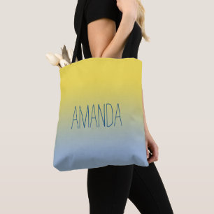 Tote Bag Gradient jaune à bleu moderne Nom manuscrit