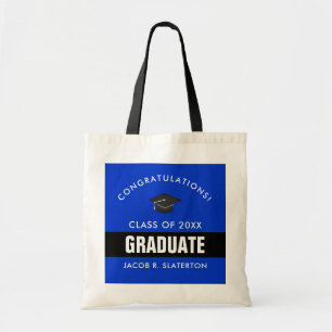 Tote Bag Graduation en noir et bleu personnalisée