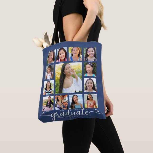 Tote Bag Graduation Marine K-12 Modern Script Photo Collage (De près)