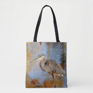 Tote Bag Grand Héron Bleu encadré de feuillage de chute
