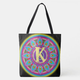 Tote Bag Grand NOIR psychédélique initial fait sur commande