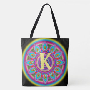 Tote Bag Grand NOIR psychédélique initial fait sur commande