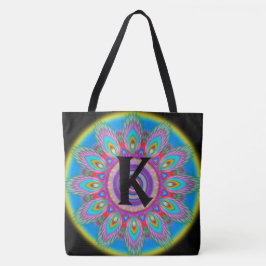 Tote Bag Grand NOIR psychédélique initial fait sur commande