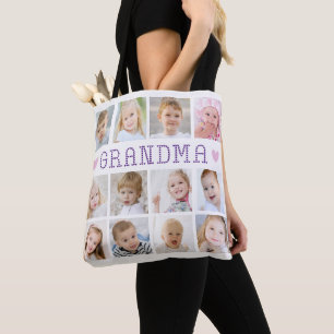 Tote Bag Grandma 12 Photo Collage Coeurs Couleurs Personnal