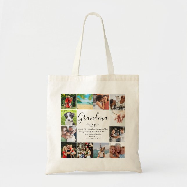 Tote Bag Grandma Citation Script moderne 12 Photo Collage (Devant)
