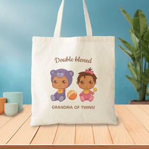 Tote Bag Grandma of Twins Baby Girl Purple Bear Jumpsuit