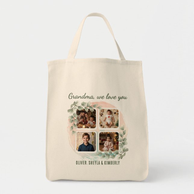 Tote Bag Grandma we love you 6 Photo Collage Eucalyptus (Devant)