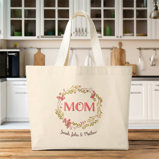 Tote Bag Graphique Floral Maman avec des noms d'enfants